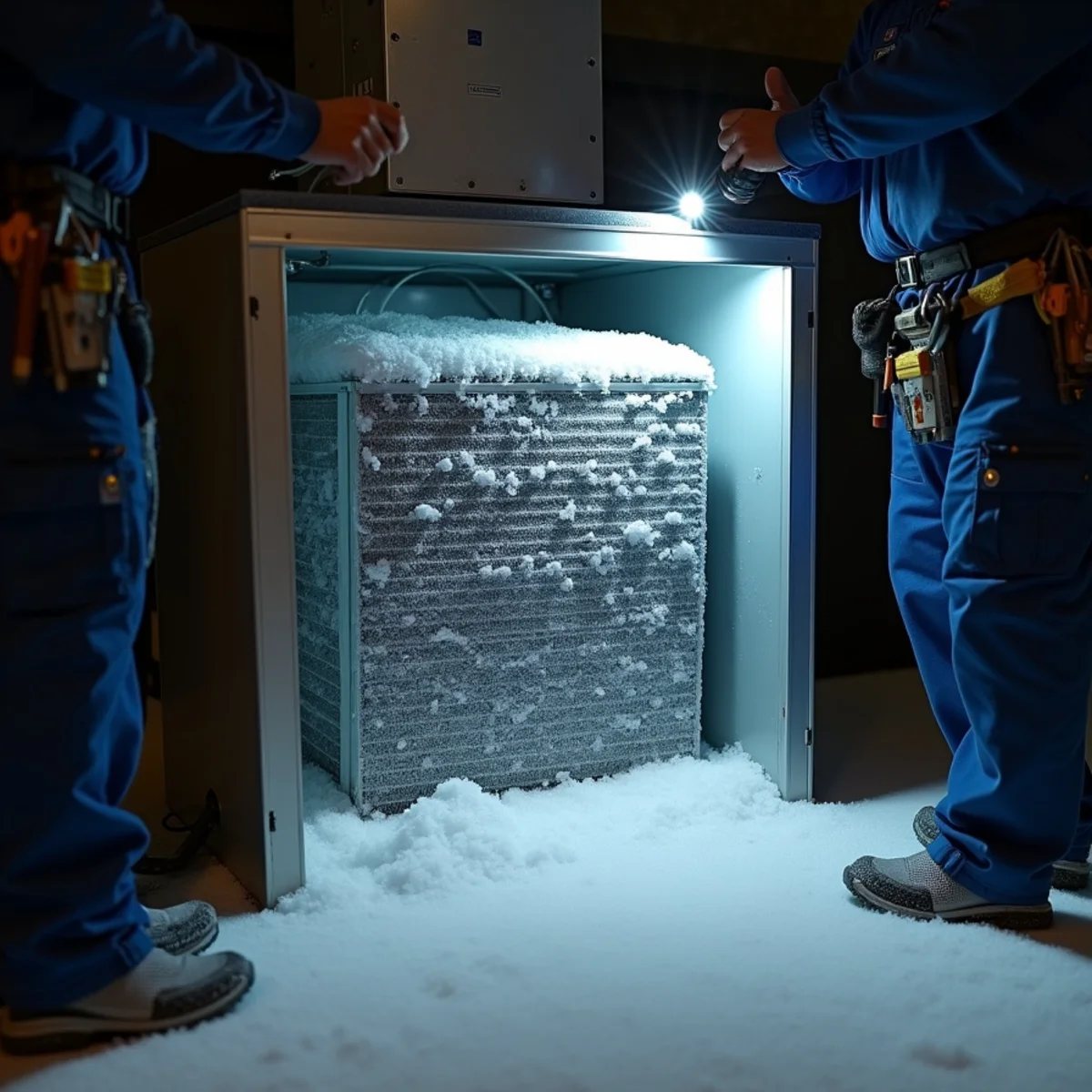 Frost and ice buildup encasing indoor evaporator coil inside Harford County home utility closet