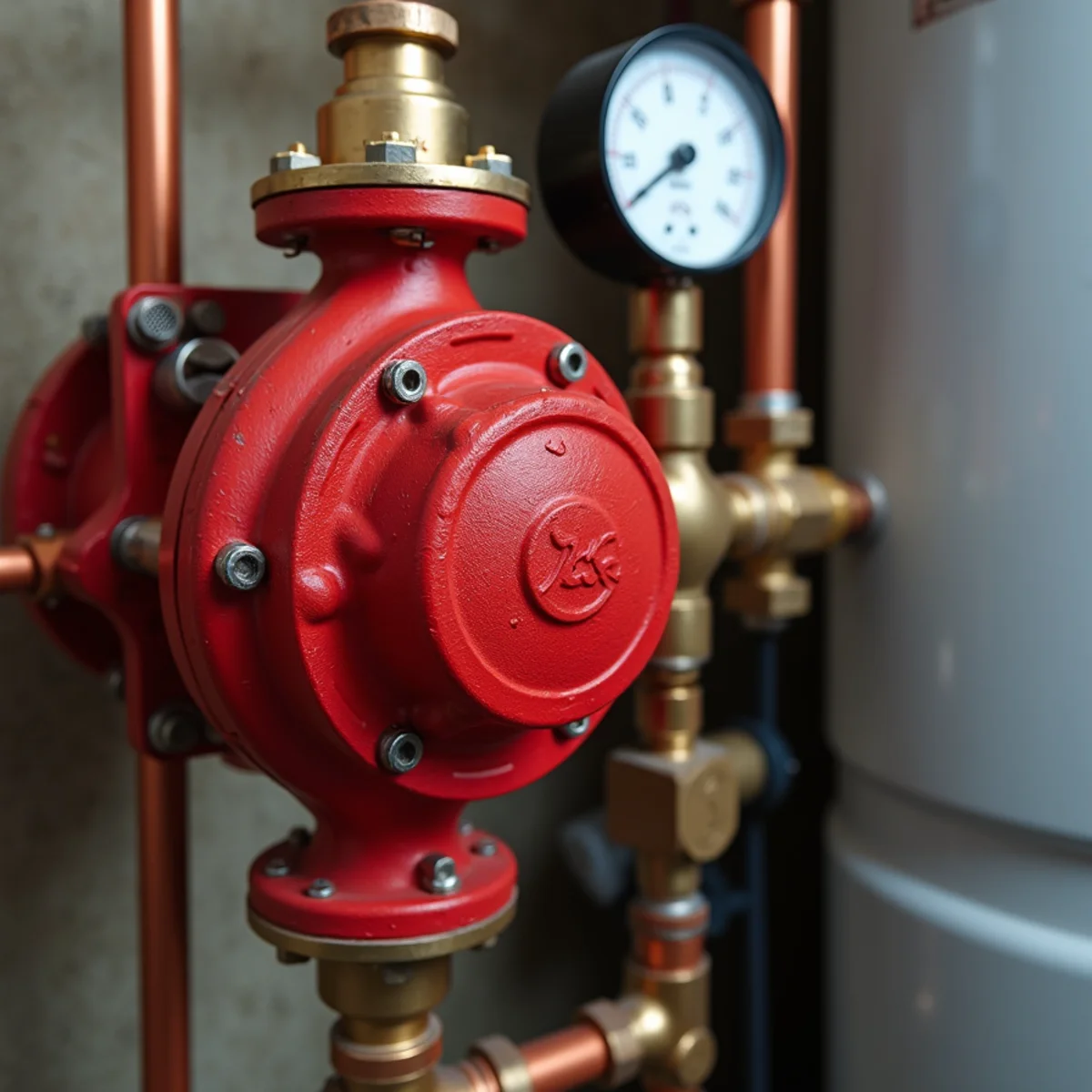 Hydronic boiler manifold showing green Taco circulator pump, pressure gauge and expansion tank