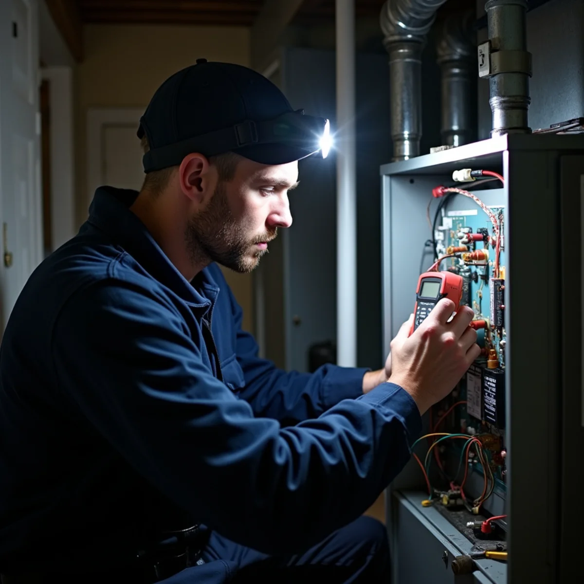 HVAC technician inspecting gas furnace control board diagnostics during after-hours emergency call