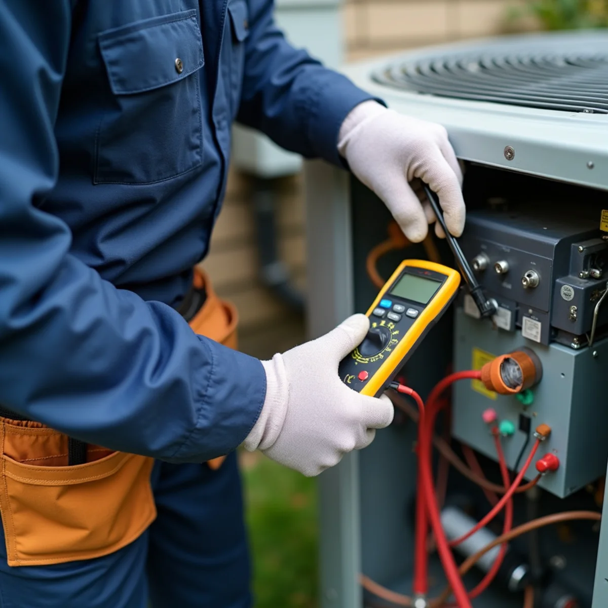 Licensed HVAC technician inspecting residential heat pump outdoor condenser in Bel Air MD